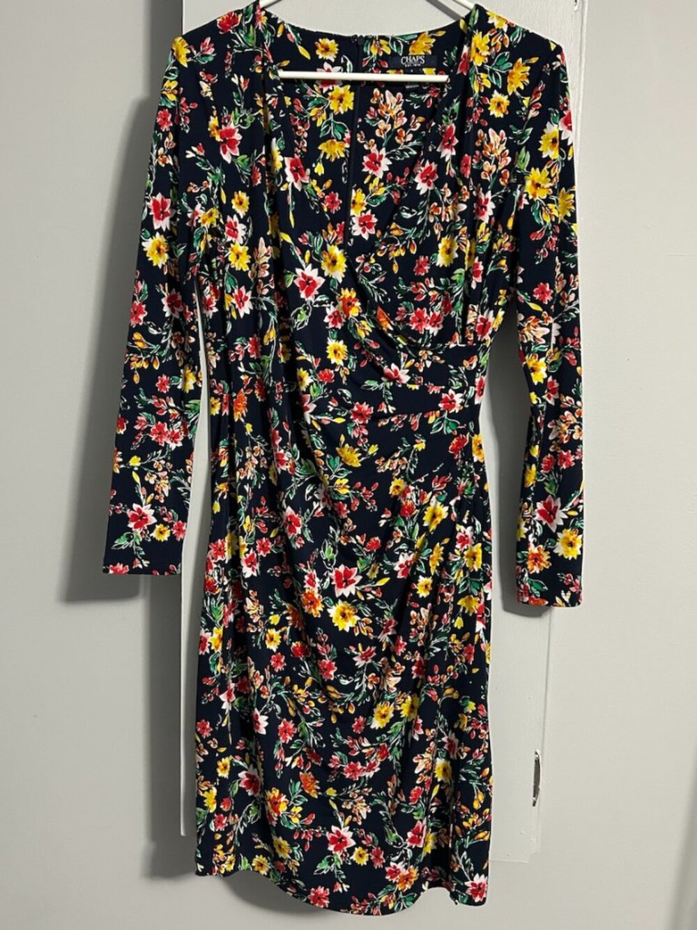 Chaps Navy Floral 3/4 Sleeve Surplice V-Neck Faux Wrap Midi Dress Women's 8